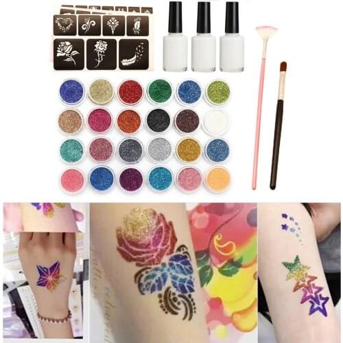 125 Templates Glitter 24 Color Flash Diamond Tattoo Kits For Temporary Tattoo Set Kids Face Body Painting Art Tools Set