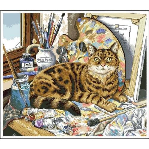14/22/25ct Free Delivery Lovely Counted Cross Stitch Kit Cat Kitty Feline Painter Artist Drawer dimensions