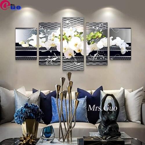 Phalaenopsis Modern Retro Gray Red Abstract 5D Diamond Painting 5 pcs Full Drill Square Diamond Embroidery Flower Multi-Picture