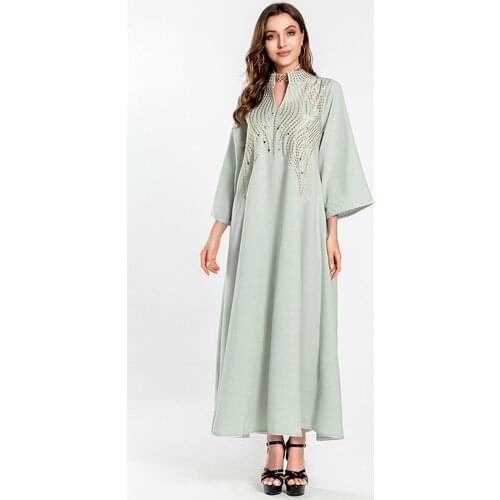 Women Dubai Jalabiya Hijab Dress Imitation Linen Stand Collar Sequins Emboridery Arabic Ethnic Abaya Gown Loose Morocco Caftan