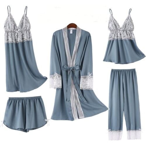 Satin Lace Pyjama Gown Set Women 5PCS Pajamas Sleep Suit Sexy Silky Chest Pads Sleepwear Spring V-Neck Wear Home Nightshirts