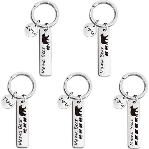 Laser Carved Mama Bear 316 Stainless Steel Bar Keychains for Mother Day Gift I Love You
