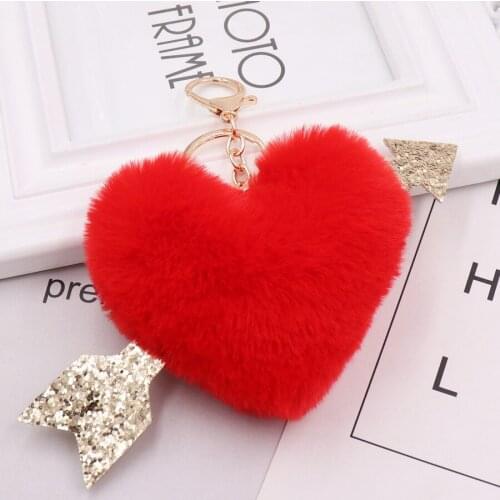 Fashion Faux Fluffy Creative Love Cupid Arrow Keyfob Heart & Arrow Couple Lovers Key Chains Ring Valentines Day Jewelry