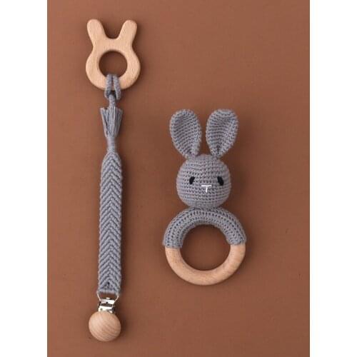 Baby Teether Safe Wooden Toys Crochet Bunny Ear Rattle Pacifier Chain Clips Set