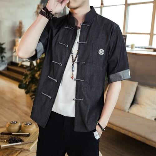 Chinese Style Denim Shirt Jeans Kung Fu Shirt Hanfu Men Traditional Chinese Clothing Tang Suit 2020 Summer Kung Fu Clothes 10943