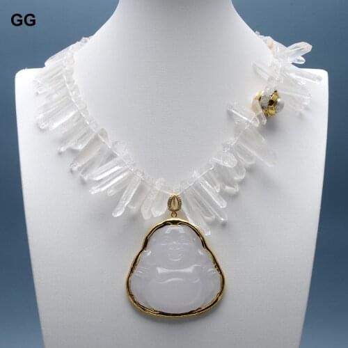 GG Jewelry Natural White Clear Quartzs Gold Color Plated Crystal Carved Jades Buddha Pendant 18" Necklace Ethnic For Women