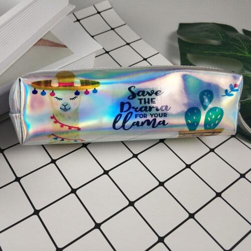 Cactus Alpaca Laser Holographic Pencil Case for Girl Pencilcase Stationery Storage School Supplies Cute Pencil Box Pencil Bag