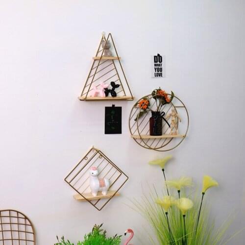 Creative Metal Storage Holders Nordic Golden Iron Wood Home Wall-Mounted Decoration Shelf Multifunction Figurines Display Racks