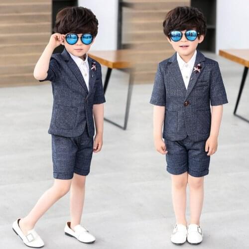 Summer Children Formal Suit Short Sleeved Blazer +Shirt +Shorts Kids Boys 3Pcs Outfits Wedding Party Performance Boys Costume