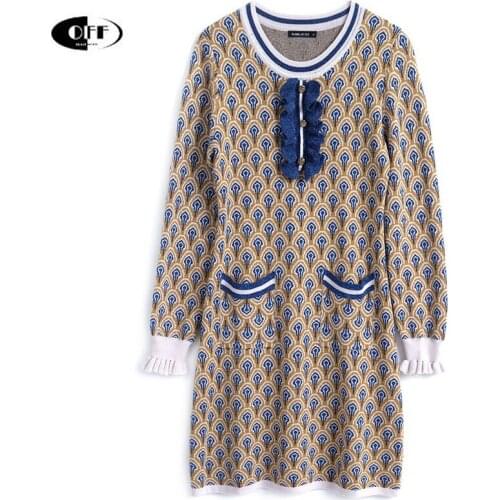 Fashion O-neck Vintage Knitted Mini Dress Elegant Casual Ruched Long Sleeve Autumn Ladies Chic Streewear Sweater Dress Vestidos