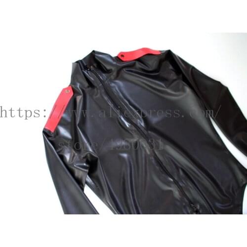 Mens black latex bodysuit long sleeve jumpsuit uniform latex catsuit with shoulderboard and gloves with front zip to ass