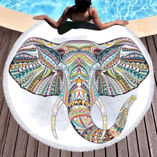 Yoga Blanket Elephant Paint 150cm Round Microfiber Swimwear Cover Up Beach Tassel Towel Swim Shawl Thick Picnic Mat Wall Hanging