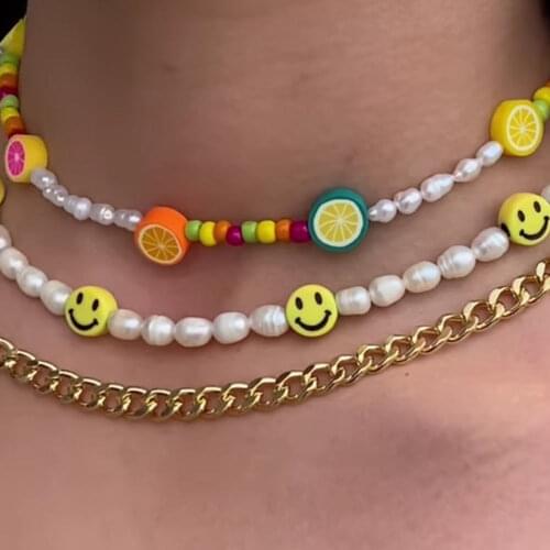 Korean Fruit Smiley White Pearl Beaded Necklace For Women Colorful Rice Bead Handmade Choker Necklaces Sweet Girl Summer Jewelry