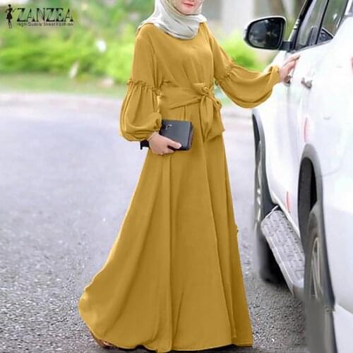 ZANZEA Women Muslim Abaya Dubai Dress Solid Long Sleeve Ruffles Maxi Long Sundress Robe Femme Lace Up Hijab Dress Islamic Kaftan