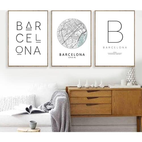 Barcelona Print City Map Poster , Barcelona Typography Modern Wall Art Canvas Painting Print Spanish Scandi Nordic Home Decor