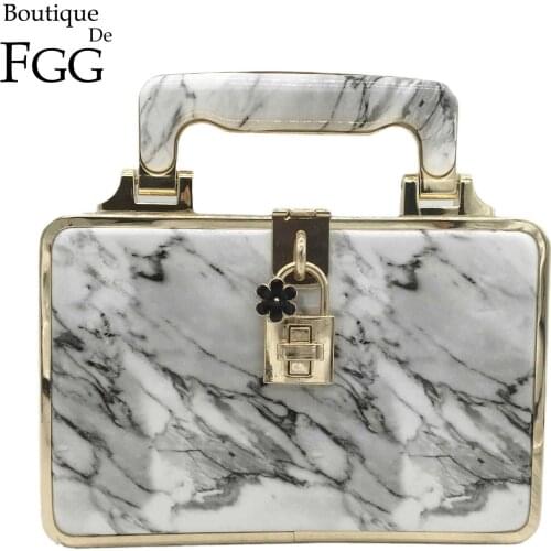 Boutique De FGG Marble Pattern Women Metal Clutches Faux Leather Top-Handle Shoulder Handbags Crossbody Bag