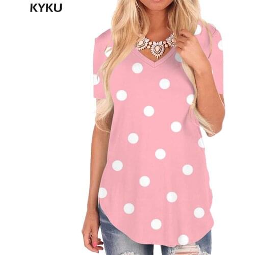 KYKU Colorful T-shirt women Dots Shirt Print Blue V-neck Tshirt Lovely Funny T shirts Womens Clothing Fashion Loose Plus Size