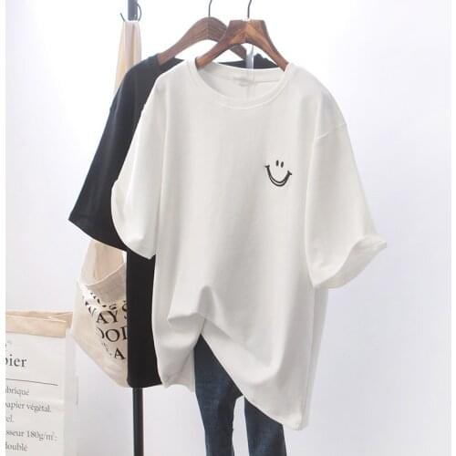 News Popular T-Shirt Loose White Black Smiling Face Womens Wear Short Sleeve Summer Student Girl Tshirt