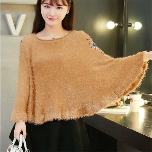 Womens cloak tops Knitted sweater coats Trendy female embroidered outerwear Fluffy cloak ladies tops Loose round neck soft