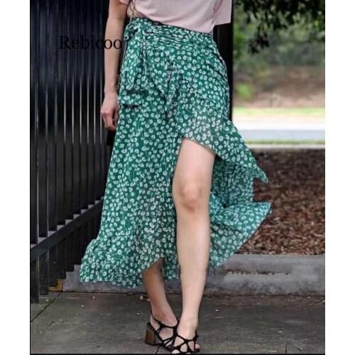 Rebicoo Boho sweet floral print wrap skirt Women asymmetric sash tie up beach skirt Summer chic high waist long skirt femme