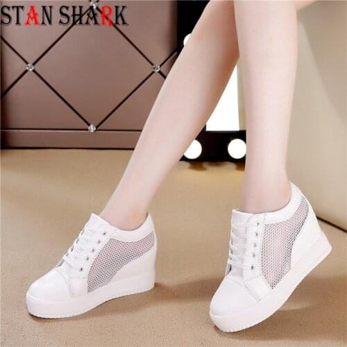Women Wedge Platform Rubber Brogue Leather Lace Up High Heel 7Cm Lace Cloth Shoes Pointed Toe Increasing Creepers White Sneakers