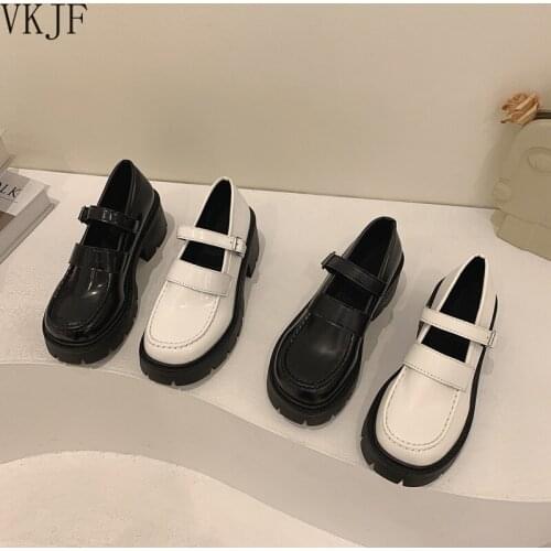2021 Women Platform Shoes Square Heel Round Toe Slip-On Shallow Spring Classical Fashion Buckle Lolita Ladies Leather Pumps
