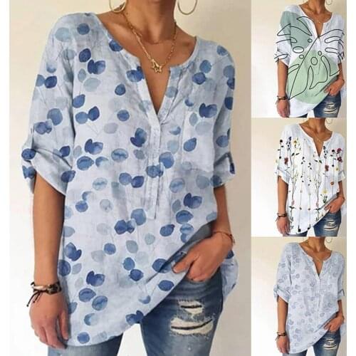 Summer WomenS Top V-Neck Printed Short-Sleeved Vintage Blouse Street Style Loose Print Lady Fashion Casual Pullover Tops