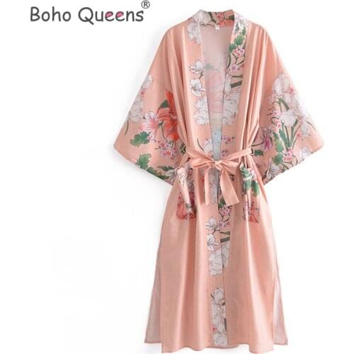 Boho Queens Women Peacock pink Floral Print Sashes bohemian robe Ladies V Neck batwing Sleeves happie Maxi Kimono