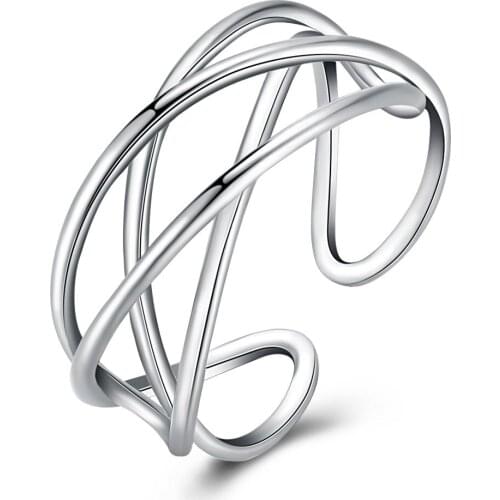 S925 Pure Sterling Silver Line Opening Wide Ring Cross Style White Gold Net Ring For Woman Wedding Engagement Gift