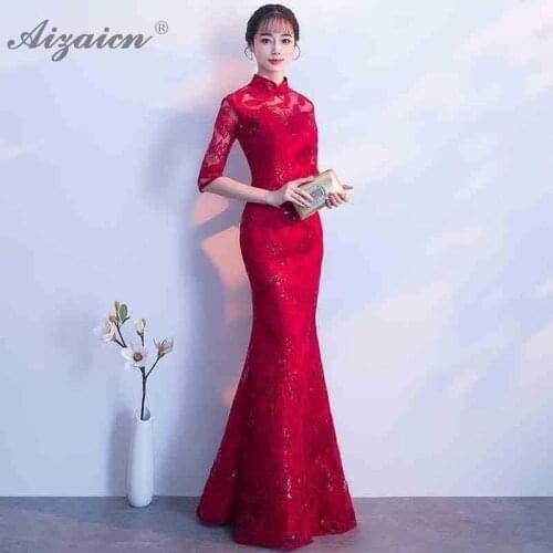 Modern Red Mermaid Long Cheongsam Sexy Qi Pao Women Traditional Chinese Wedding Dress Qipao Oriental Bride Elegant Evening Gowns
