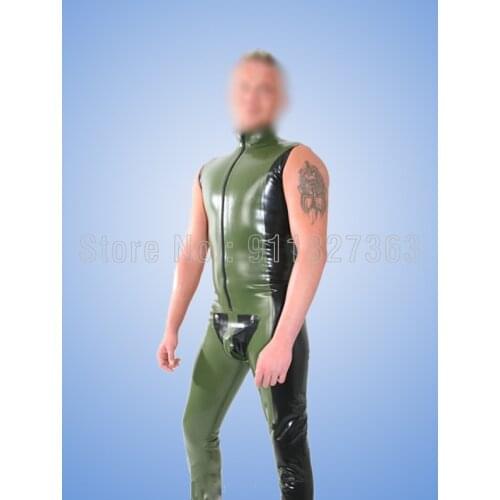 100% Handmade Natural Latex Army Green And Black Trim Latex Rubber Sleeveless Body Suit With Pouch Rubber Front Zipper