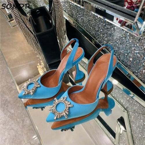 2021 Fashion Women Crystal Slingback Pumps Luxury High Heels Pointed Party Shoes Women Brand Ladies Wedding Stripper Bride Shoes