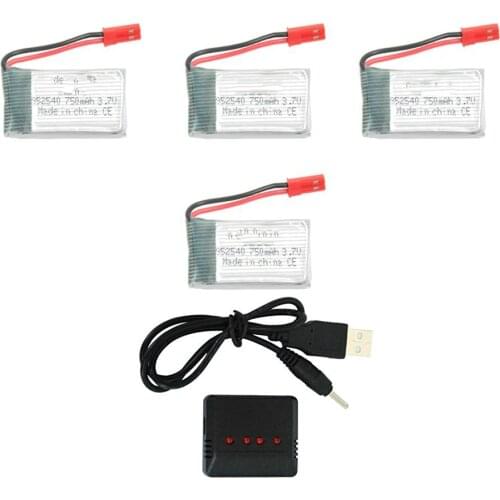 4 pcs 3.7v 750mah 25c Lipo Battery (JST Plug) with X4 Charger for MJX X400 X800 X300C X500 X200 RC Quadcopter Drone