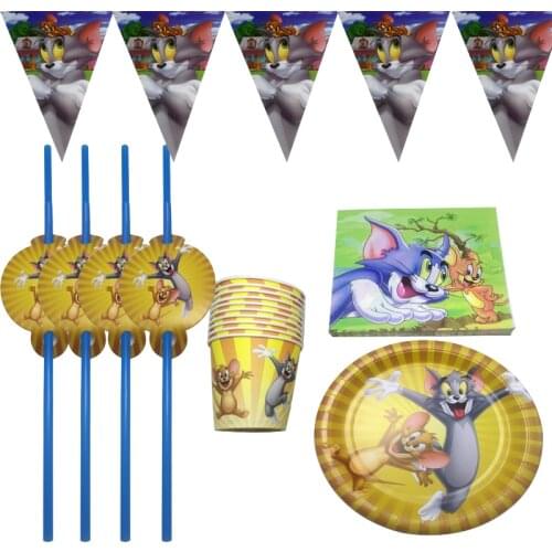 50pcs/lot Tom Cat Jerry Mouse Theme Napkins Banner Birthday Party Straws Flags Plates Cups Decorate Boys Kids Favors Bunting