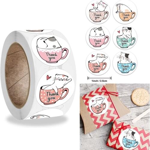 500pcs/roll 2.5cm Kawaii Cat Thank You Stickers Gift Sealing Tag Decorations Greeting Card Labels Stationery Stickers