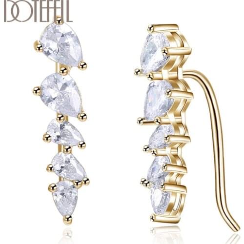 DOTEFFIL 925 Sterling Silver/18K Gold Water Drop Blue/White AAA Zircon Earrings Women Charm Fashion Jewelry Wedding Party Gift