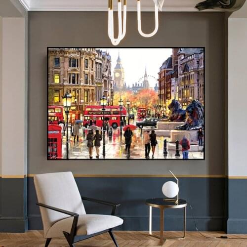 Rainy London Street Landscape Oil Painting on Canvas Abstract Wall Art Posters Prints Cuadros Wall Picture for Living Room Decor