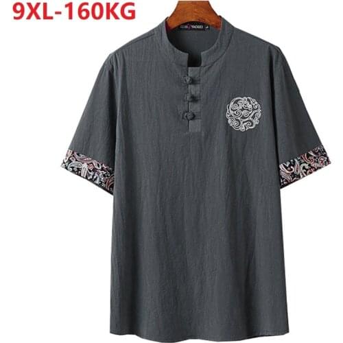 High quality summer japan style linen Short Sleeve Tshirt floral Men plus size 8XL 9XL casual vintage tees loose khaki blue gray