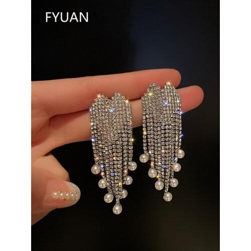 FYUAN Shine Heart Rhinestone Earrings for Women Bijoux Long Tassel Pearl Dangle Earrings Weddings Jewelry