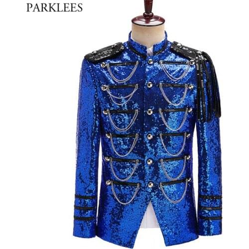 Royal Blue Sequin Embellished Military Blazer Jacket Men Stage Party Prom Mens Tuxedo Suit Jacket Singer Show DJ Costume Homme