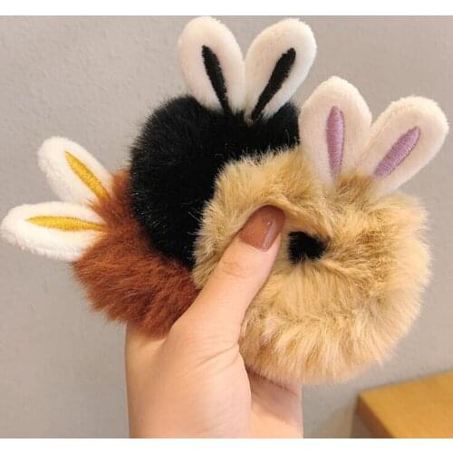 Rabbit Ears Hair Rope Fluffy Elastic Hair Band Plush Hair Ring Scrunchies Imitation Rabbit Fur Hair Accessories Candy Color 7pcs