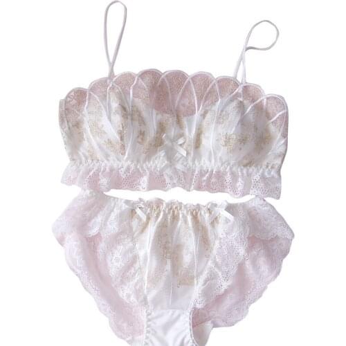 Sweet Girl Mermaid Ji Shell Lace Embroidery Bra Set Retro No Steel Ring Tube Top Big Chest Show Small Bra Set Bra and Panty Set