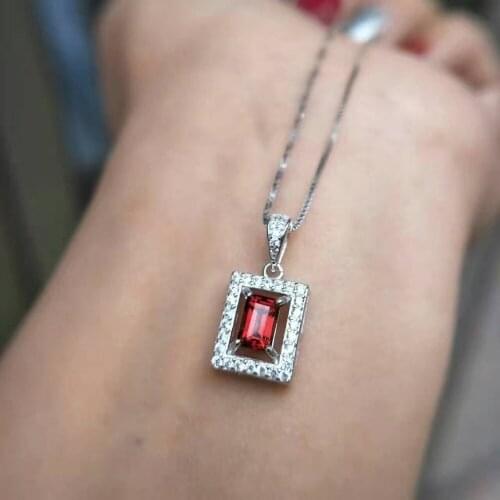 Natural red garnet pendant S925 silver Natural gemstone Pendant Necklace trendy compact square Simple women girl gift jewelry