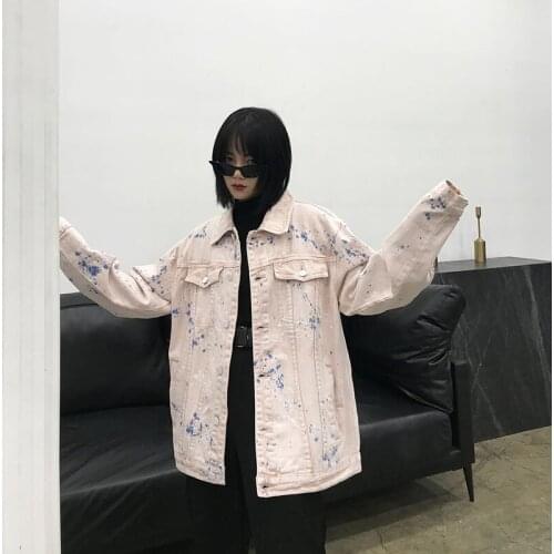 Autumn Loose Women Plus size Ink splatter Harajuku Pink Denim jacket Streetwear Oversized Female Jean jacket Chic Couple clothes