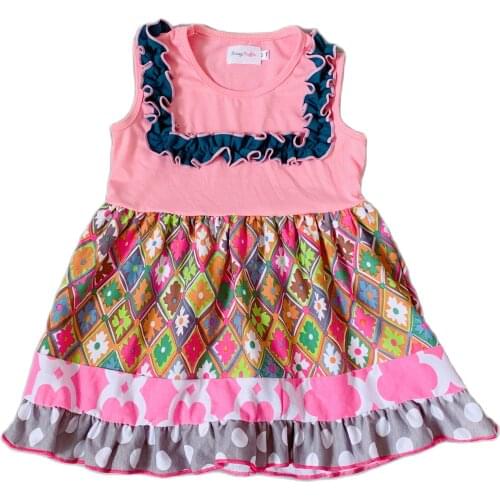 Baby girl summer pink tops with navy blue ruffle collar geometry pattern newest dress with double ruffles