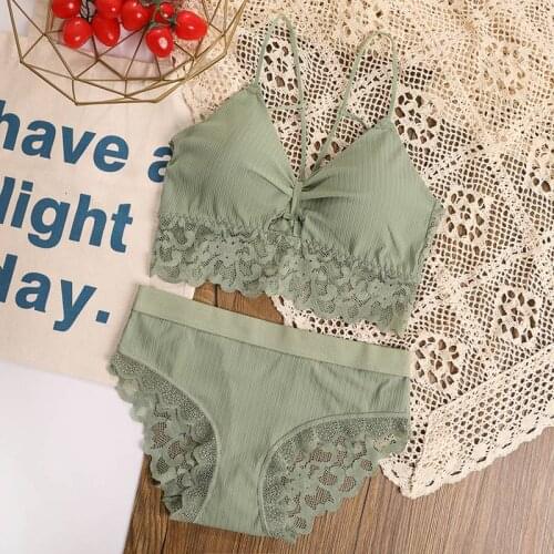 Summer Lace Hollow Out Sexy Brief Set Full Cup Wrapped Chest Underwear Women V Neck Bra Set