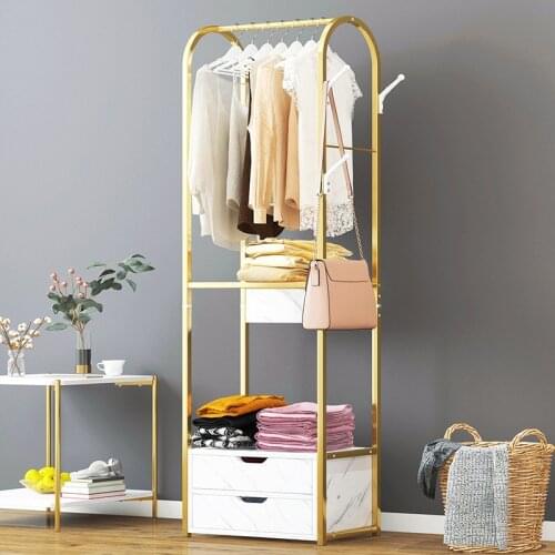 Bedroom furniture standing coat rack 2 drawers clothes storage floor hanger golden frame marble texture MDF drawer wardrobe