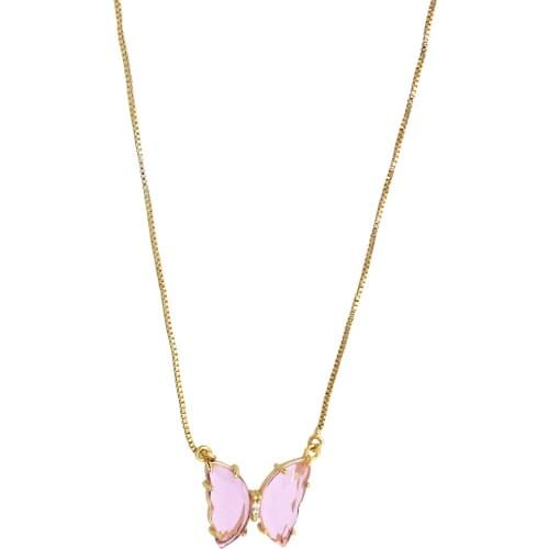 Copper Gold Jewelry Pink Purple Stone Butterfly Pendant Necklace for Women