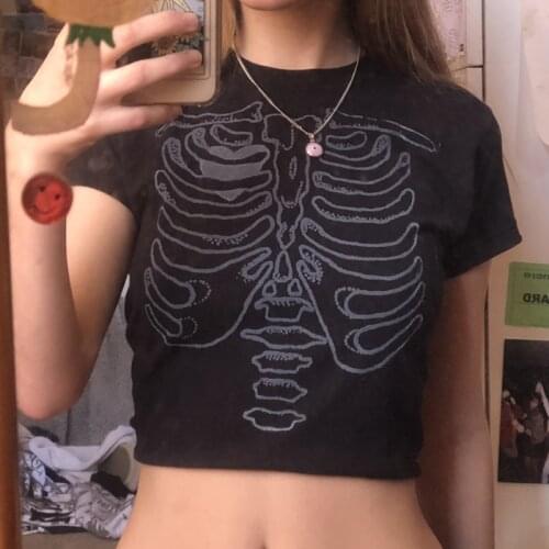 Fashion Women T-Shirt Black Skeleton T-Shirt Short Sleeve Pullovers E-Girl Harajuku Streetwear Vintage Aesthetics Sweats Top Tee