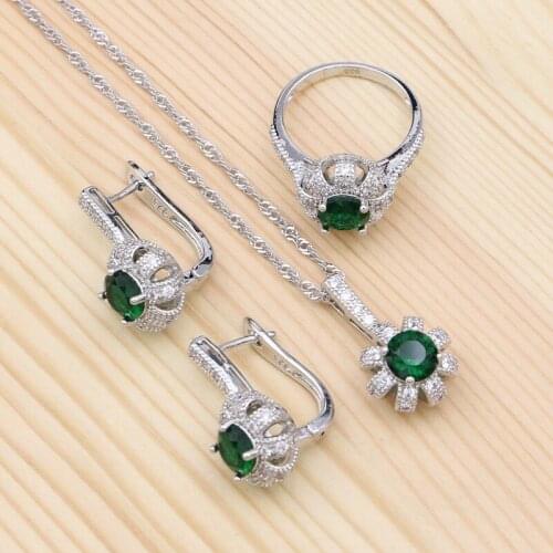 925 Sterling Silver Jewelry Sets For Women Natural Green Cubic Zirconia White Crystal Stud Earrings/Pendant/Necklace/Ring Set